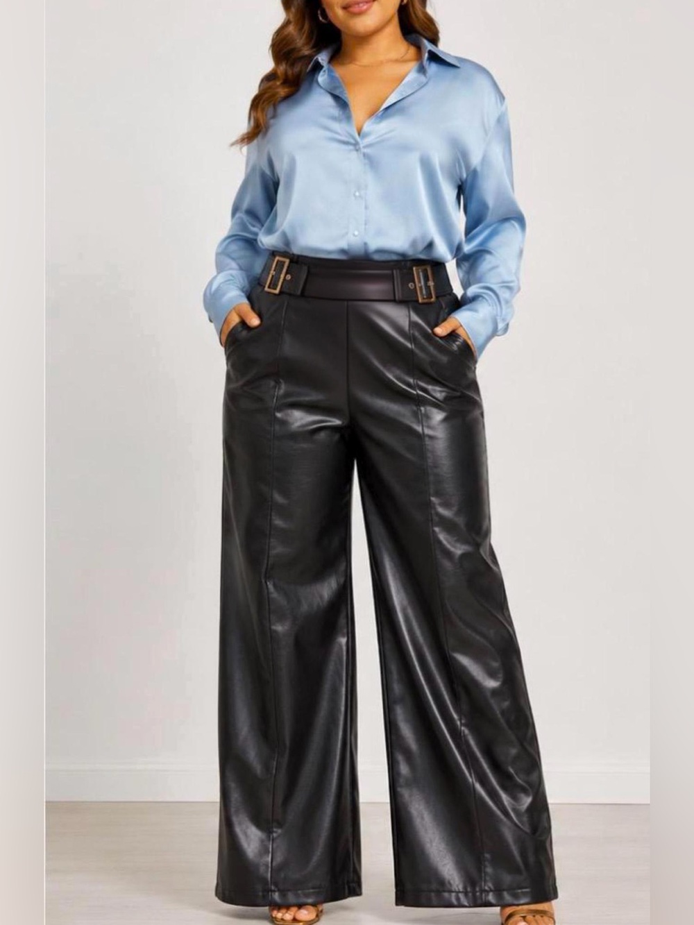 High-Rise Wide-Leg Faux Leather Pants in Black. Elastic Waist Pull Up. L